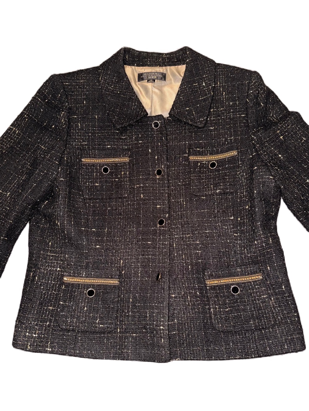 Tahari Arthur S. Levine Luxe Petite Black Gold Metallic Tweed Jacket Size 12
